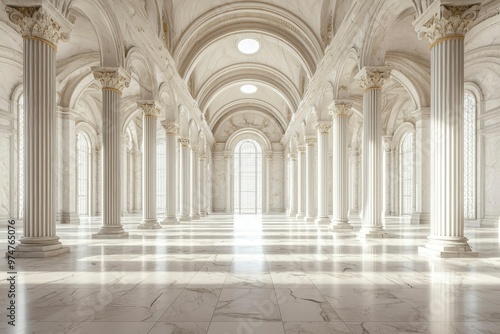 White Marble Hallway with Ornate Columns and Windows