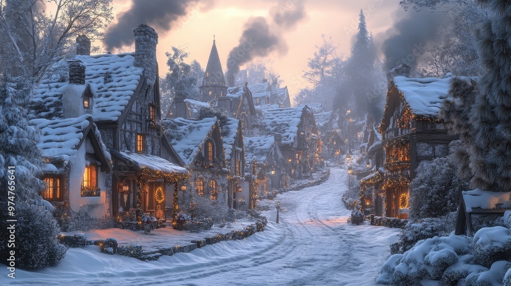 Snowy Village at Twilight with Christmas Lights Snowy Village at Twilight with Christmas Lights