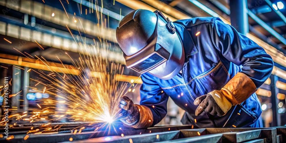 Welder in action, sparks fly during metal fabrication, blue suit, welding helmet, construction , welding, industrial Welder in action, sparks fly during metal fabrication, blue suit, welding helmet, construction , welding, industrial