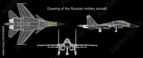 Vector drawing of russian military aircraft.
General view of a war plane fighter bomber.
Top, side, front views. Computer cad scheme.
Model, contour, sketch.
