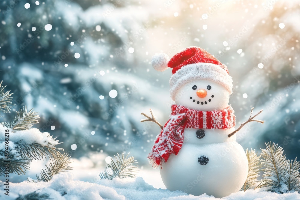 Fototapeta premium Charming christmas and new year greeting card featuring a joyful snowman in a winter wonderland