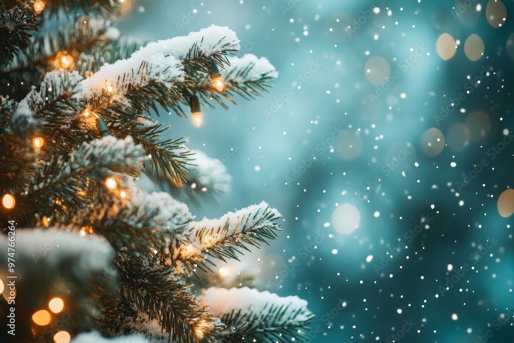 Festive christmas scene featuring a snowy tree adorned with garland lights for the holidays Festive christmas scene featuring a snowy tree adorned with garland lights for the holidays