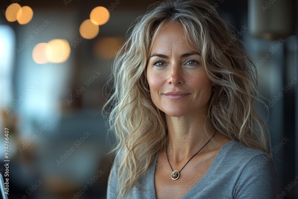 Smiling woman with blonde hair and grey sweater Smiling woman with blonde hair and grey sweater