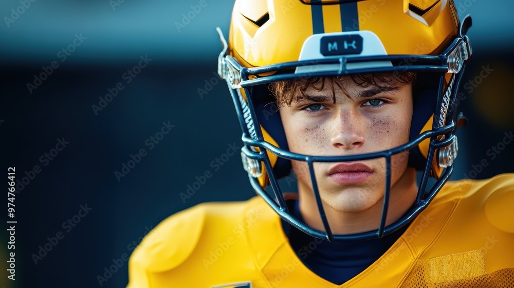 A focused young athlete in a bright yellow football uniform, wearing a helmet, showcases determination and readiness for the game. A focused young athlete in a bright yellow football uniform, wearing a helmet, showcases determination and readiness for the game.