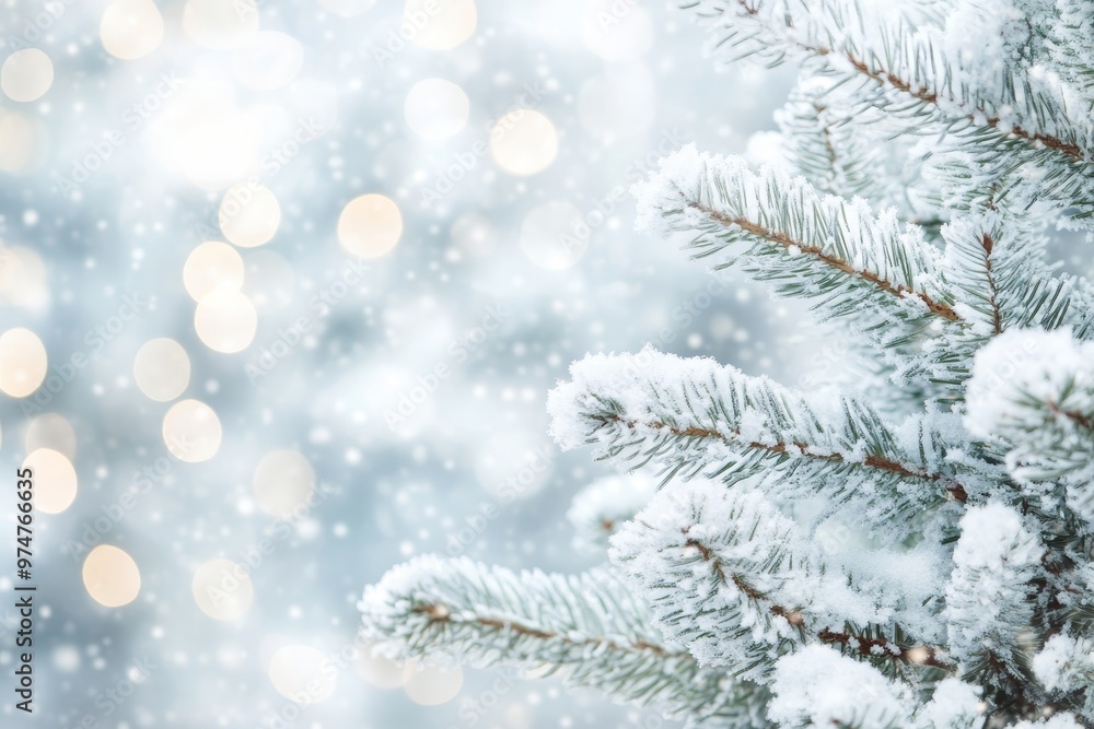 Elegant winter holiday banner template with snow covered christmas tree and bokeh lights background