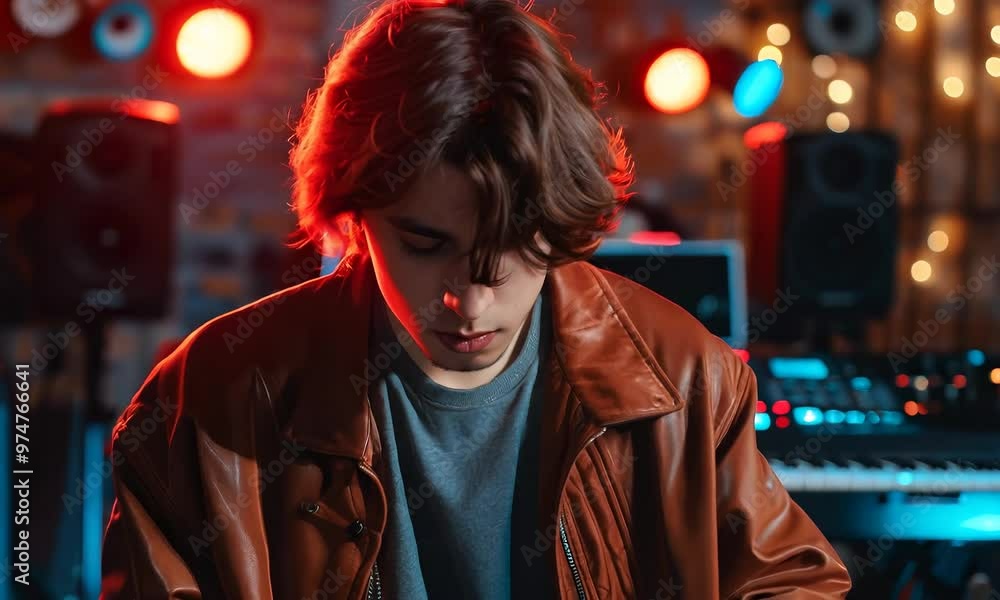 Young musician creates soul-stirring melodies in a cozy studio in the evening Young musician creates soul-stirring melodies in a cozy studio in the evening