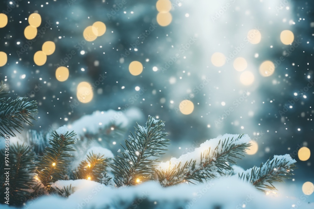 Enchanting winter landscape with snowy fir trees and bokeh lights for holiday card design Enchanting winter landscape with snowy fir trees and bokeh lights for holiday card design
