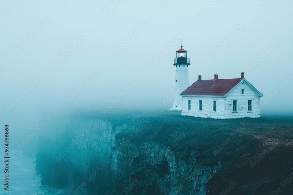Fog-Shrouded Lighthouse on a Coastal Cliff Fog-Shrouded Lighthouse on a Coastal Cliff
