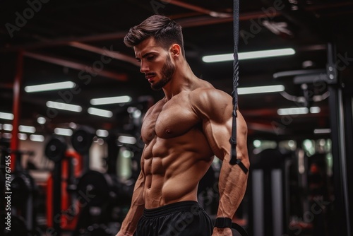 Bodybuilder preparing for exercise with gymnastics rings in the gym