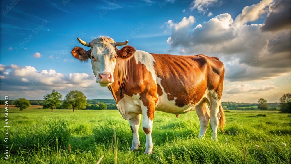 A friendly red and white faced cow with a distinctive marking pattern grazes peacefully in a lush green meadow on a sunny rural afternoon. A friendly red and white faced cow with a distinctive marking pattern grazes peacefully in a lush green meadow on a sunny rural afternoon.
