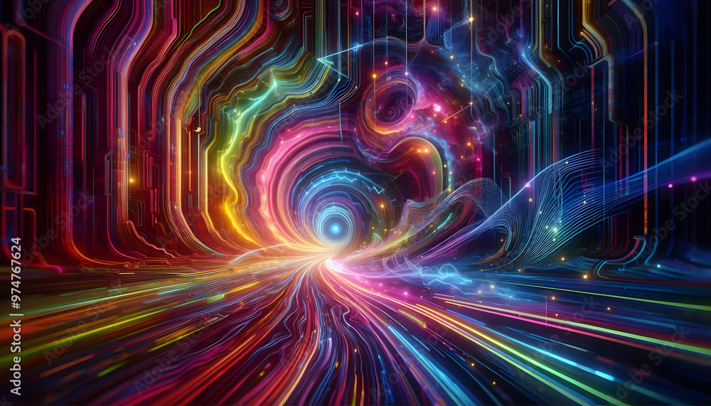 Colors and lights run along a long path in an abstract tunnel. There is a path leading to the end of the tunnel. There is light coming from the end of the tunnel. Colors and lights run along a long path in an abstract tunnel. There is a path leading to the end of the tunnel. There is light coming from the end of the tunnel.