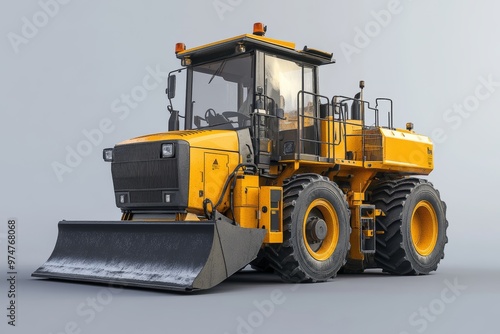 Fototapeta Naklejka Na Ścianę i Meble -  3d render of road construction machinery  paver and wheeled tractor on gray background with shadow