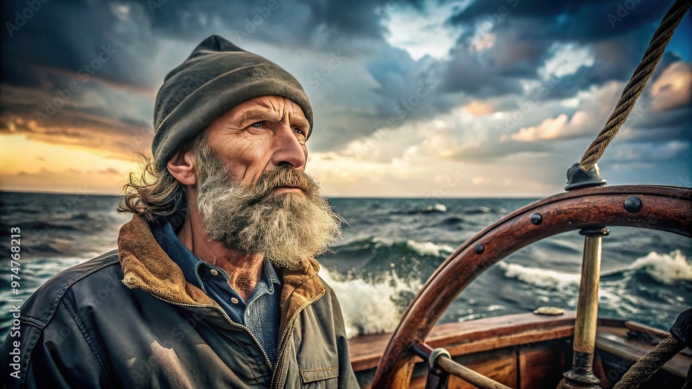 A grizzled sailor with a wild, windswept beard gazes out at the open sea from the helm of a rusty, weathered wooden fishing boat. A grizzled sailor with a wild, windswept beard gazes out at the open sea from the helm of a rusty, weathered wooden fishing boat.