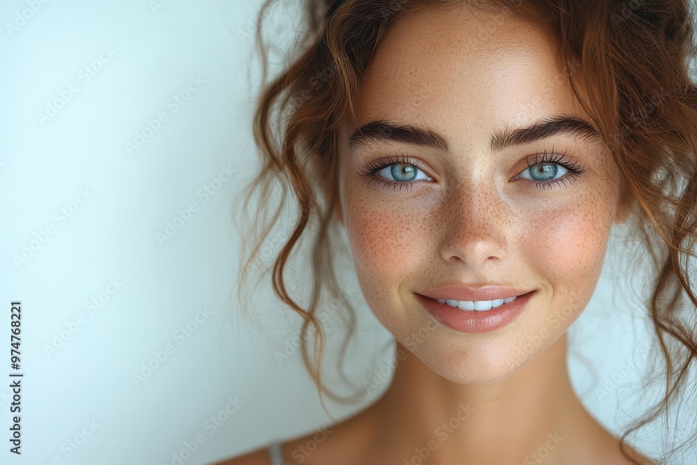 Naklejka premium radiant young woman with flawless skin and dazzling smile illuminated by soft beauty lighting clean white background with subtle product reflections
