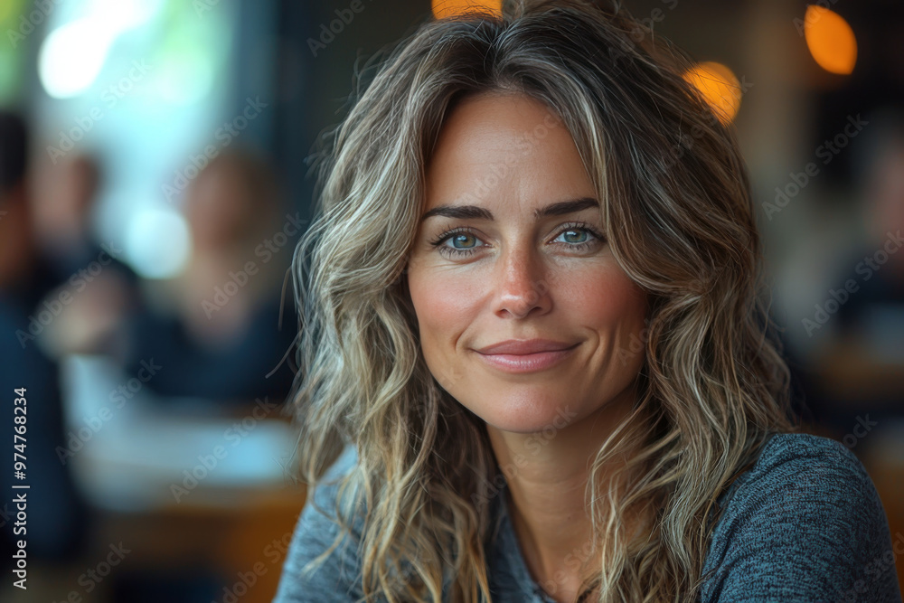Obraz premium Smiling woman with long blonde hair looking at the camera.