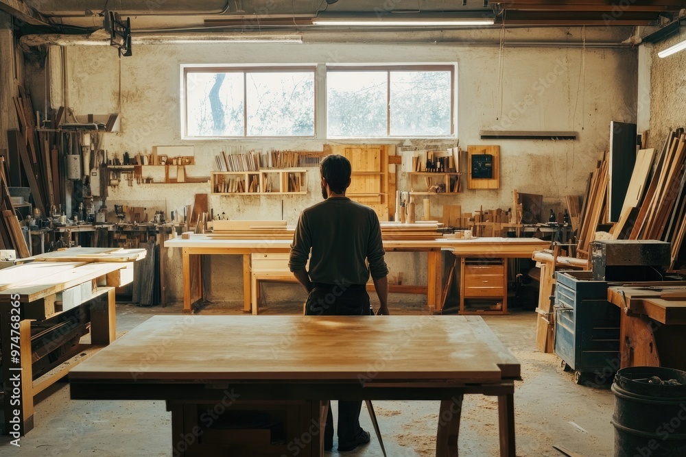 Carpenter standing in his workshop looking at finished wooden plank Carpenter standing in his workshop looking at finished wooden plank