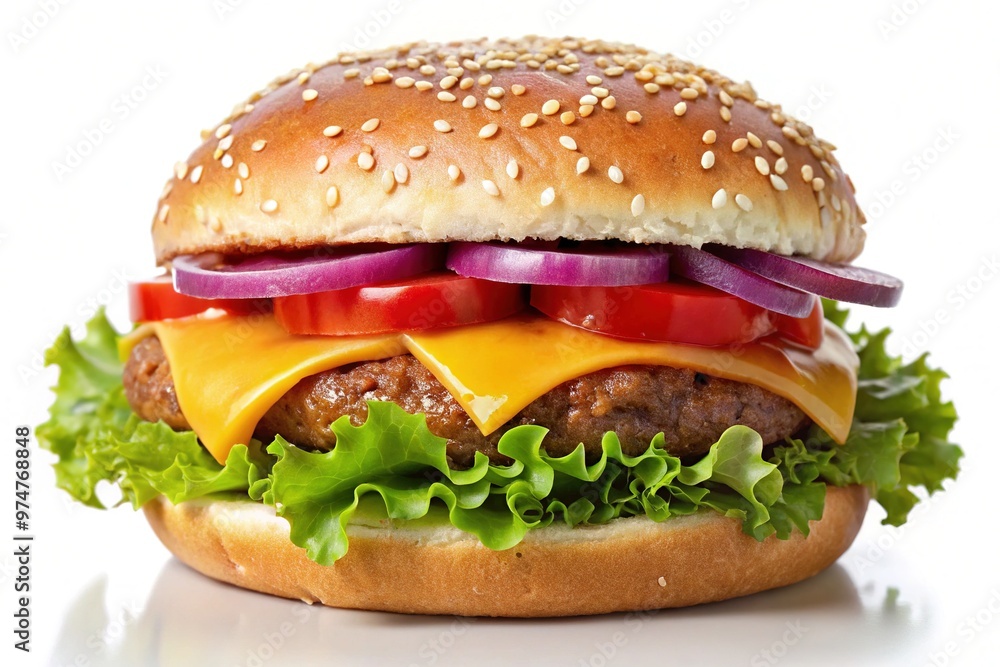 A Juicy Burger With Patty, Cheese, Lettuce, Tomato, Onion, And Ketchup On Sesame Bun, Isolated On White Background A Juicy Burger With Patty, Cheese, Lettuce, Tomato, Onion, And Ketchup On Sesame Bun, Isolated On White Background