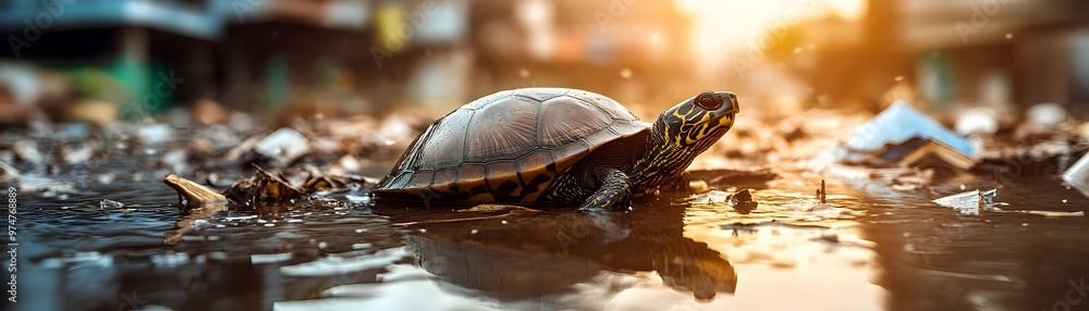 Obraz premium Resilient Reptile Navigating Flooded Urban Landscape