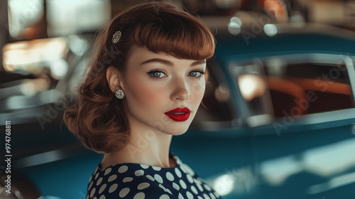 Timeless Elegance: Vintage Lady in Polka Dot Dress and Red Lipstick Posing with Classic Car