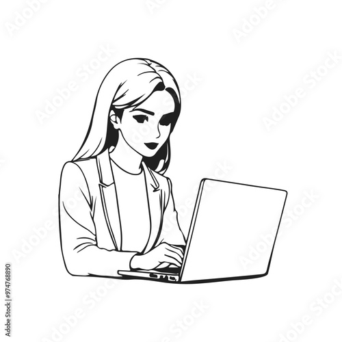 Woman with Laptop Silhouette Vector Black Sketch Illustration on White Background. Female Working Line Art Drawing. Woman Silhouette with Laptop Linear Minimalistic Drawing