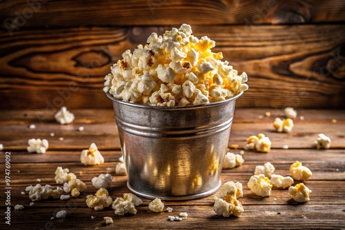 A large, overflowing bucket of freshly popped popcorn, drizzled with melted butter and sprinkled with salt, sitting on a rustic wooden table. photo