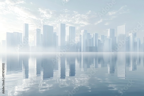 A Reflected Cityscape With White Skyscrapers and Cloudy Sky