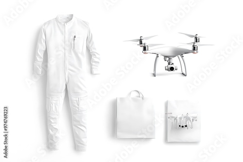 White delivery uniform with scouter and quadrocopter mockup photo