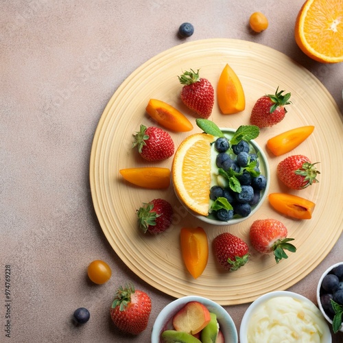 Fresh Assorted Fruits on Wooden Plate Top View