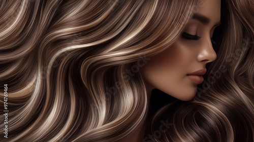 Vibrant Highlights: Beautiful Woman with Long, Wavy Chestnut and Blonde Hair