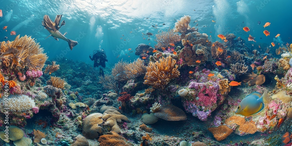 Naklejka premium A diver explores a vibrant coral reef with colorful fish.