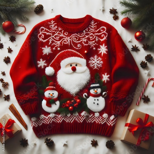 Winter holidays, Christmas and New Year. Bright red sweater with Santa and snowmen. 3D illustration.	