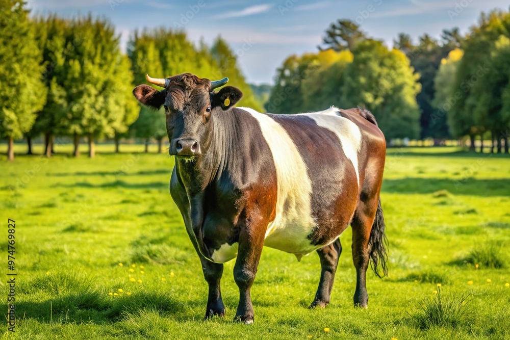 A majestic Dutch Belted cow with distinctive white belt stands in a green pasture, its coat glistening in the sunlight, awaiting a potential new owner. A majestic Dutch Belted cow with distinctive white belt stands in a green pasture, its coat glistening in the sunlight, awaiting a potential new owner.