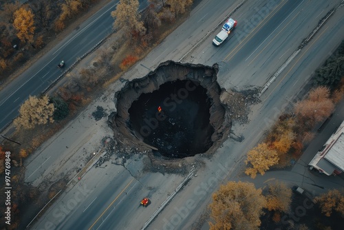 Aerial view of a giant sinkhole disrupting traffic in the middle of a highway, with emergency vehicles photo