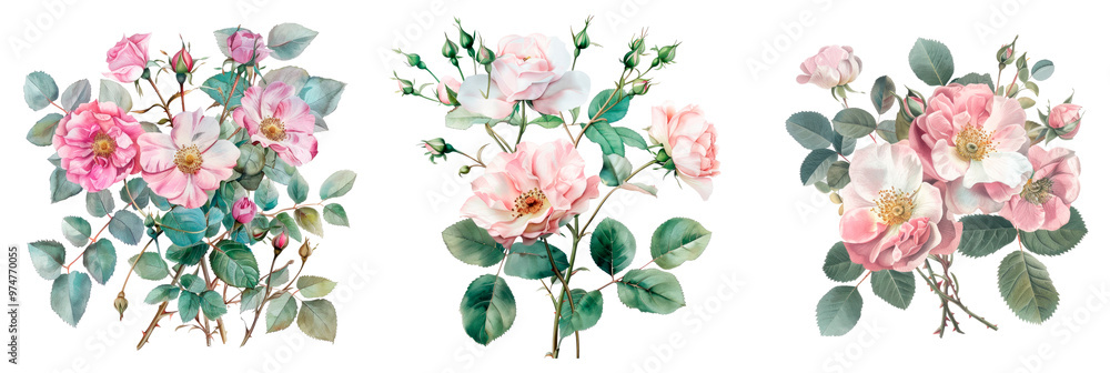 Set of Bouquet illustration of wild roses with petals in opera pink and white tone, isolated on transparent background Set of Bouquet illustration of wild roses with petals in opera pink and white tone, isolated on transparent background