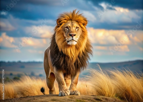 A Majestic Lion With A Full, Flowing Mane Stands Tall In The African Savanna, Exuding Power And Authority.