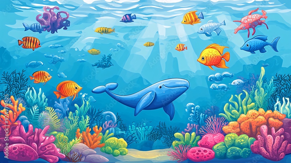 Naklejka premium Colorful underwater scene with a whale, coral reefs, and various fish swimming in the ocean.