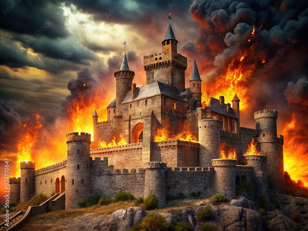 Fototapeta premium A medieval fortress engulfed in a fiery blaze, with flames licking at stone walls and towers, amidst a backdrop of dark, ominous stormy clouds.