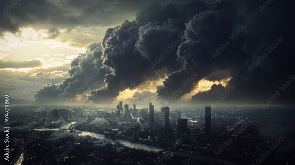 Fototapeta premium Dramatic Urban Skyline with Dark Storm Clouds and Sunlight Breaking Through Over a Modern Cityscape