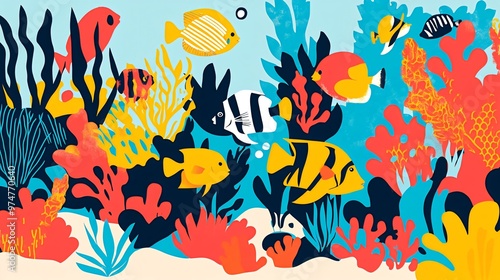 Colorful illustration of a vibrant underwater scene with coral reefs, seaweed, and various tropical fish swimming in a blue ocean.