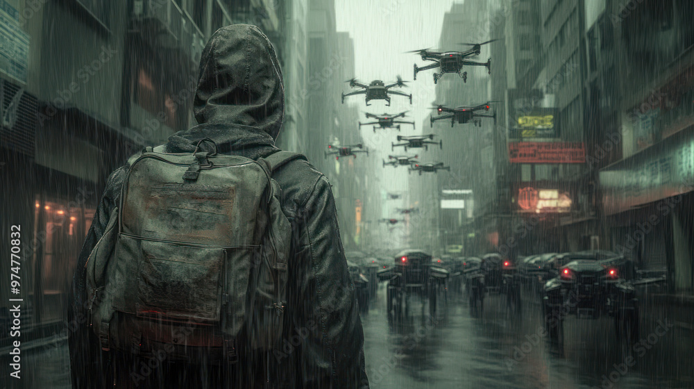 Mysterious Hooded Figure in a Rainy Cyberpunk City with Drones - Ideal for Futuristic and Sci-Fi Concepts Mysterious Hooded Figure in a Rainy Cyberpunk City with Drones - Ideal for Futuristic and Sci-Fi Concepts