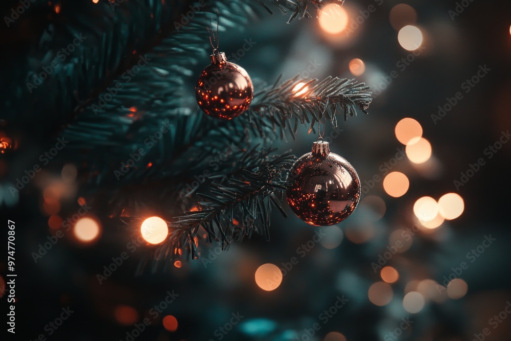 Obraz premium Festive christmas tree adorned with baubles and glimmering blurred lights for a magical atmosphere