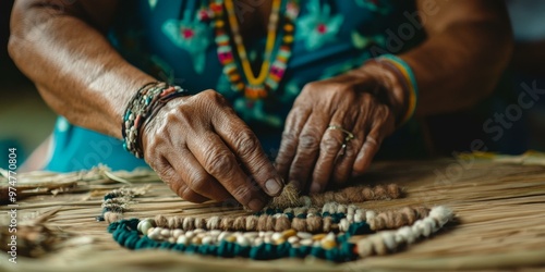 A woman's hands weave colorful beads onto a natural fiber