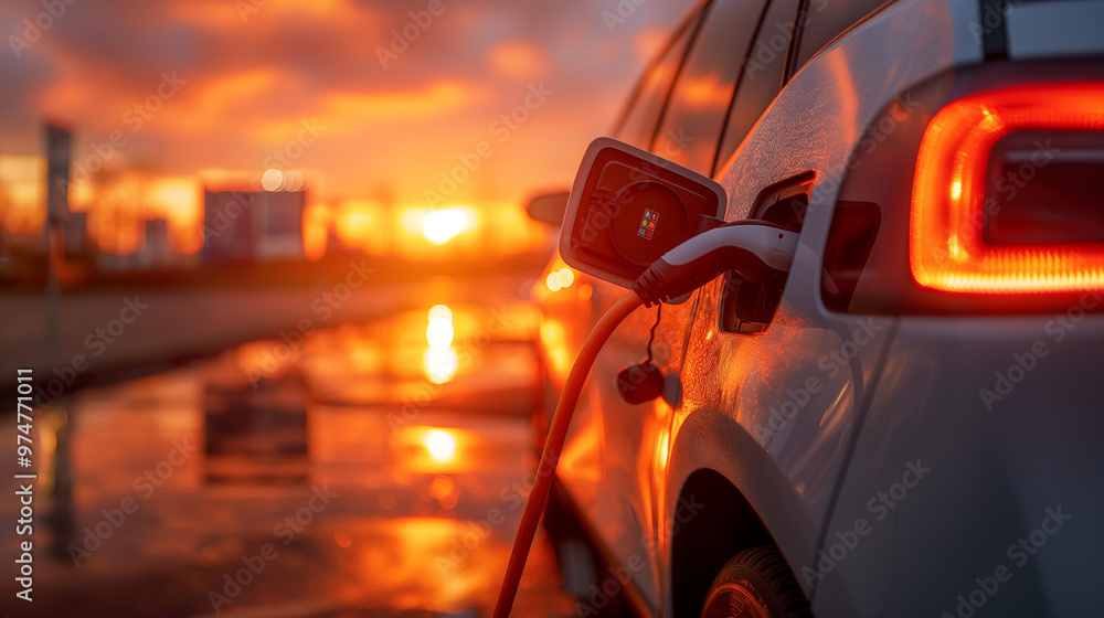 Sunset silhouette of a modern electric vehicle against a backdrop of vibrant orange sky and reflective highway Sunset silhouette of a modern electric vehicle against a backdrop of vibrant orange sky and reflective highway