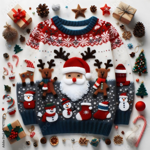 Knitted sweater with a New Year's pattern,  with holiday decorations. 3D rendering.