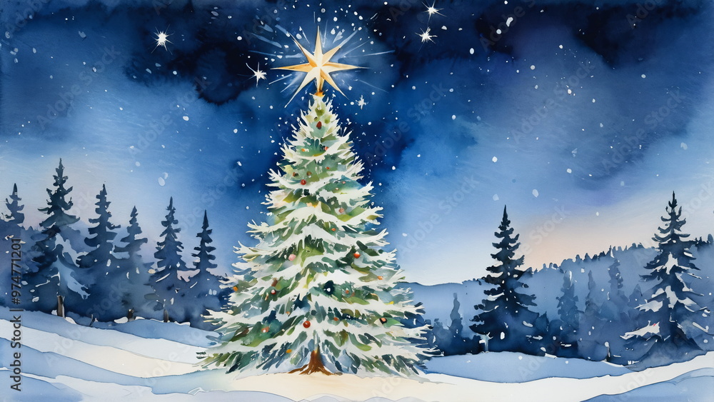 Majestic Christmas tree adorned with lights and star in snowy landscape, enchanting and festive atmosphere, watercolor style Majestic Christmas tree adorned with lights and star in snowy landscape, enchanting and festive atmosphere, watercolor style