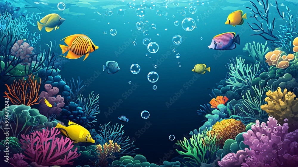 Fototapeta premium Colorful fish swim amongst vibrant coral reefs in a blue ocean.