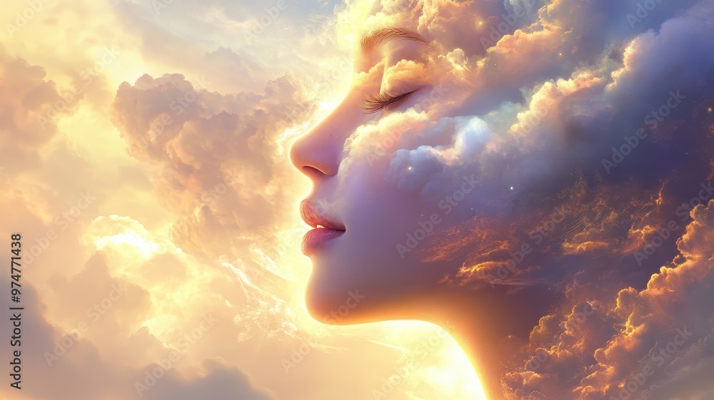 Surreal Dreamy Portrait of a Woman's Face Blended with Clouds in a Golden Sunset Sky Surreal Dreamy Portrait of a Woman's Face Blended with Clouds in a Golden Sunset Sky