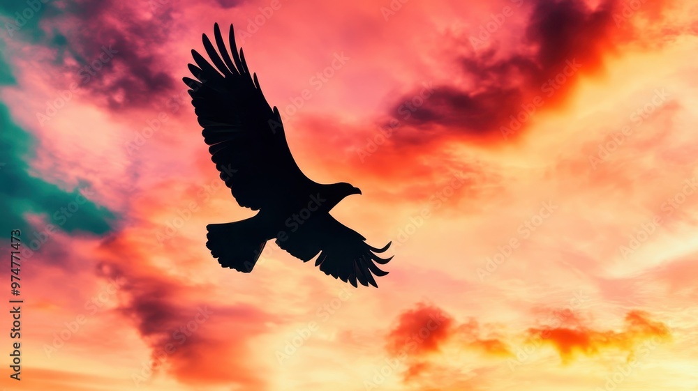 Obraz premium Majestic Eagle Silhouette Soaring Against a Vibrant Sunset Sky with Dramatic Clouds