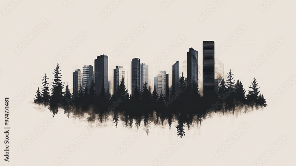 Modern City Skyline Silhouette with Forest Trees in Artistic Black and White Contrast Modern City Skyline Silhouette with Forest Trees in Artistic Black and White Contrast