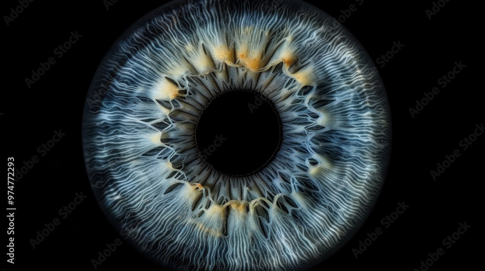 Close-up photograph of a human eye, specifically the iris, which is the colored part of the eye. The eye is shown in a high-contrast setting with the iris details highlighted against a dark background Close-up photograph of a human eye, specifically the iris, which is the colored part of the eye. The eye is shown in a high-contrast setting with the iris details highlighted against a dark background